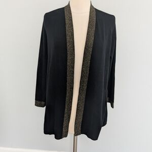 Women's Eileen Fisher Gold Speckle Trim Black Sweater Cardigan Large Wool